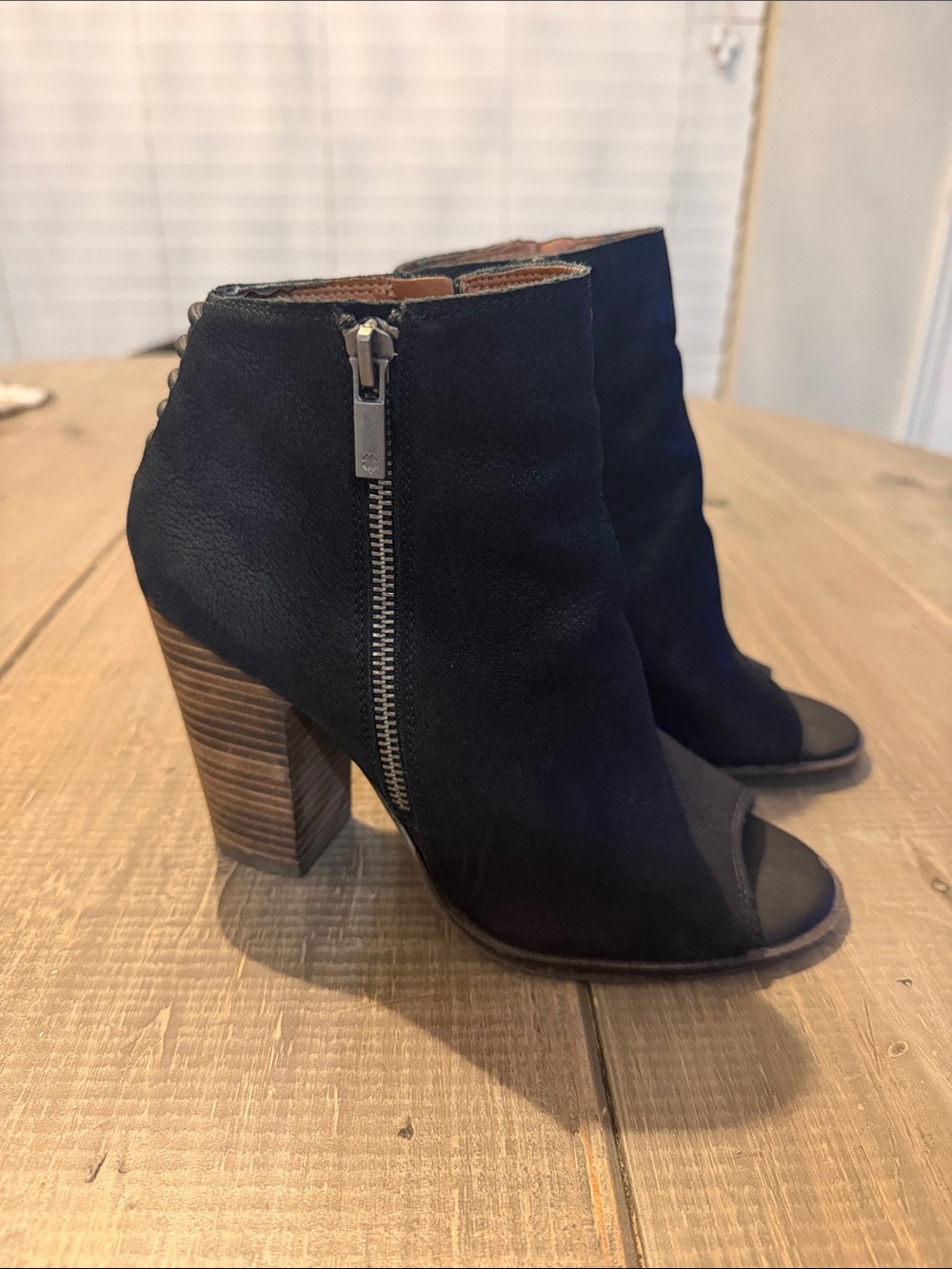 Lucky Brand Black Peep-Toe Zip Ankle Boots